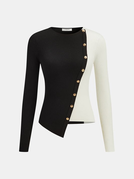 Asymmetric Color Block Metal Button Ribbed Knit Top