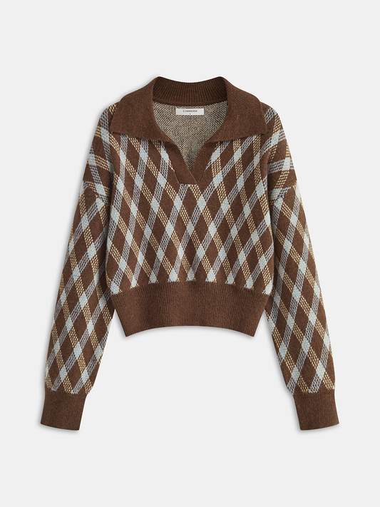 Argyle Patterned Collared Knit Sweater