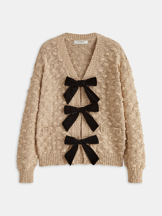 Bow Detail Textured Knit Cardigan