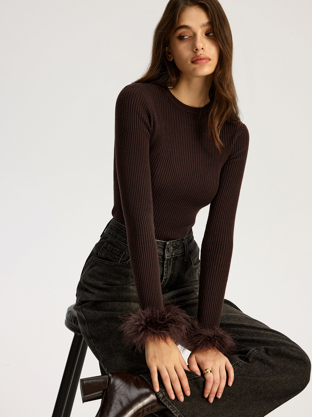 Faux Fur Cuff Ribbed Knit Top