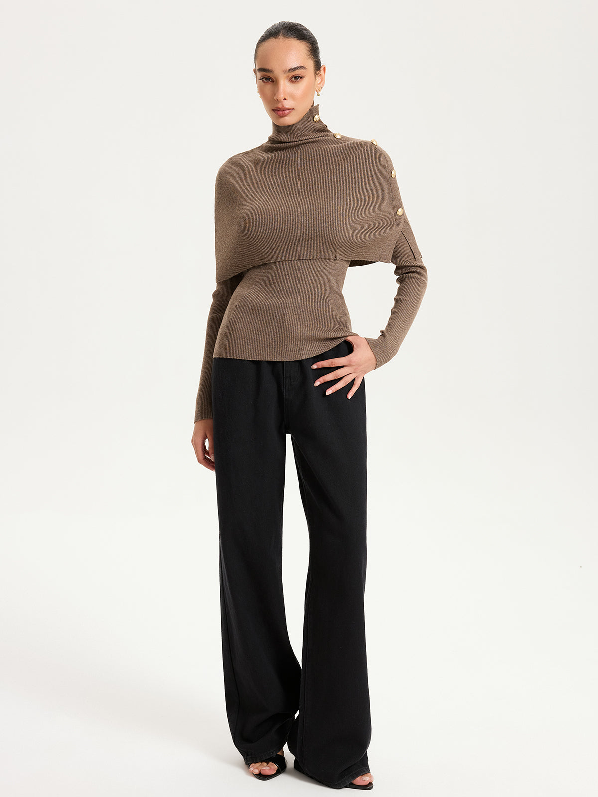 Ribbed Knit Top & Turtleneck Shawl Two-Piece Set