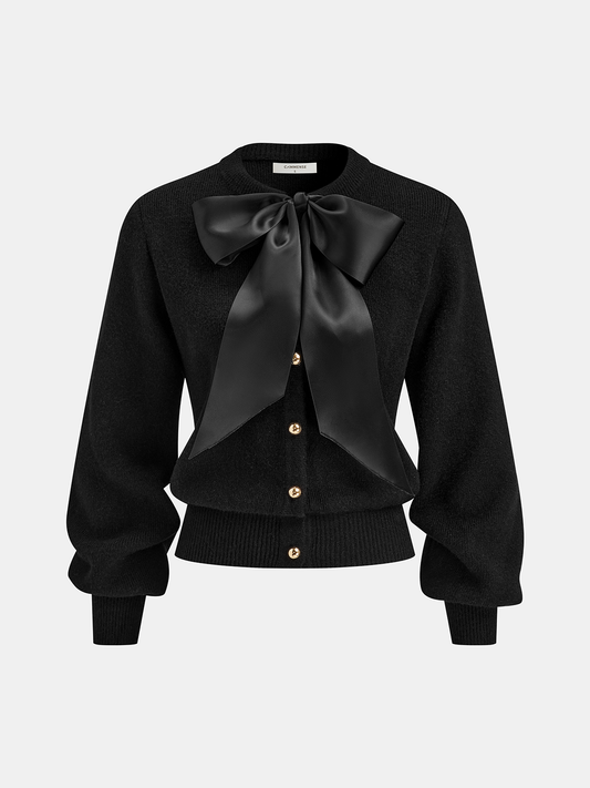 Bow Detail Metal Button Knit Cardigan
