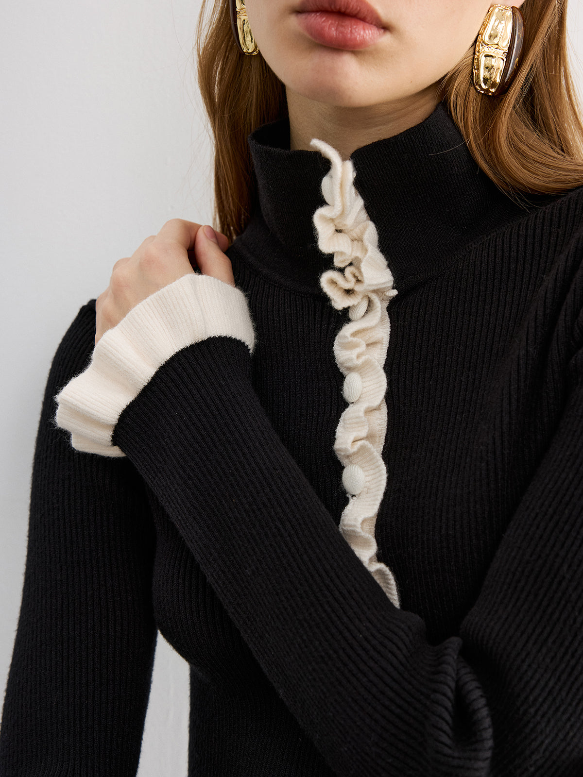 Contrast Ruffled Knit Top and Mini Skirt Set