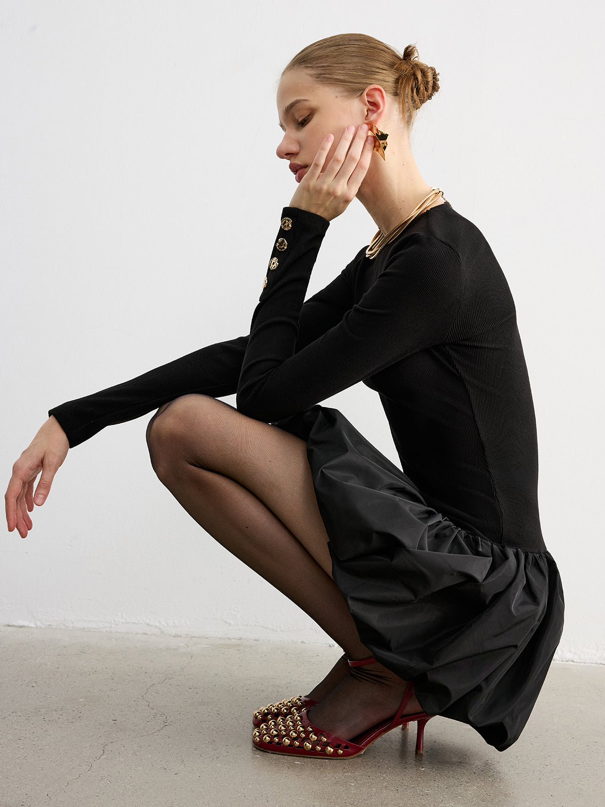 Bubble Hem Long-Sleeve Knit Mini Dress
