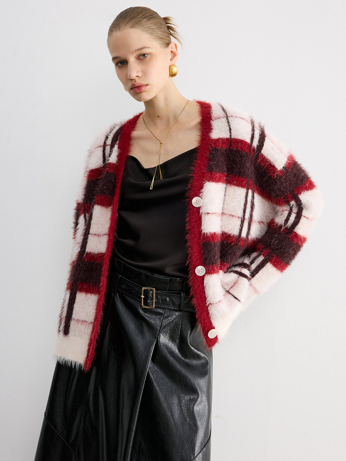 Knit Fluffy Checkered Cardigan