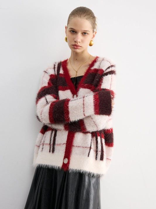 Knit Fluffy Checkered Cardigan