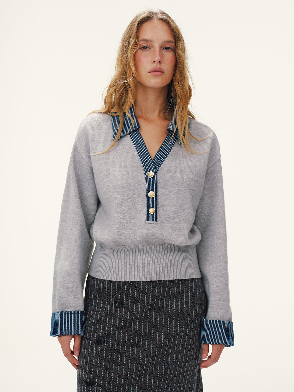Striped Denim Panel Polo Sweater