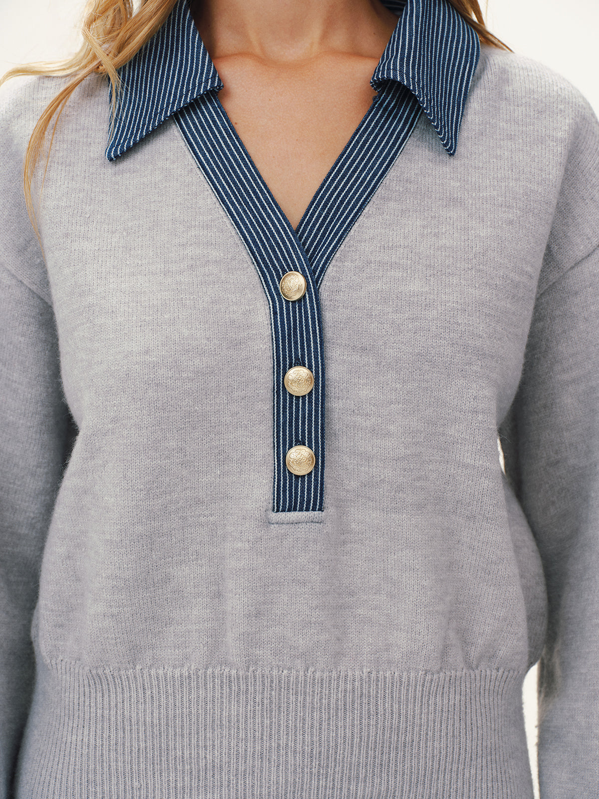 Striped Denim Panel Polo Sweater
