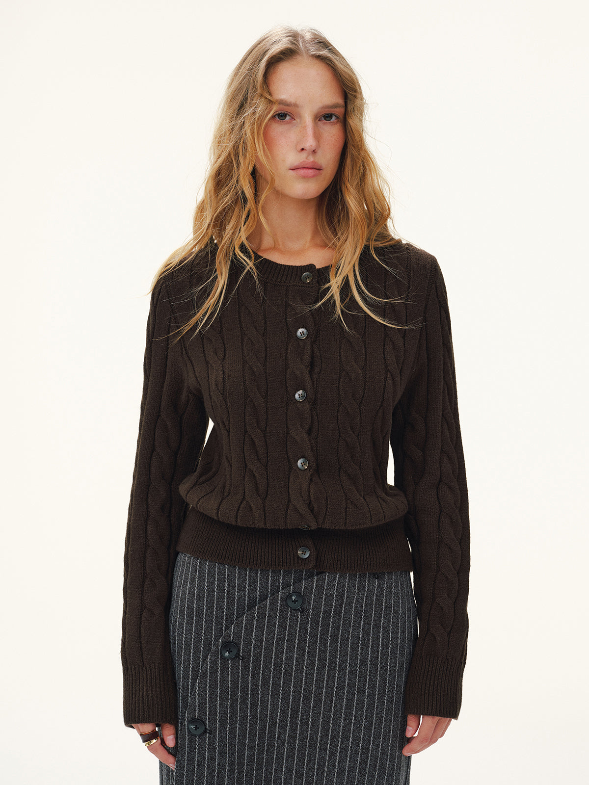 Button-Front Cable-Knit Cardigan