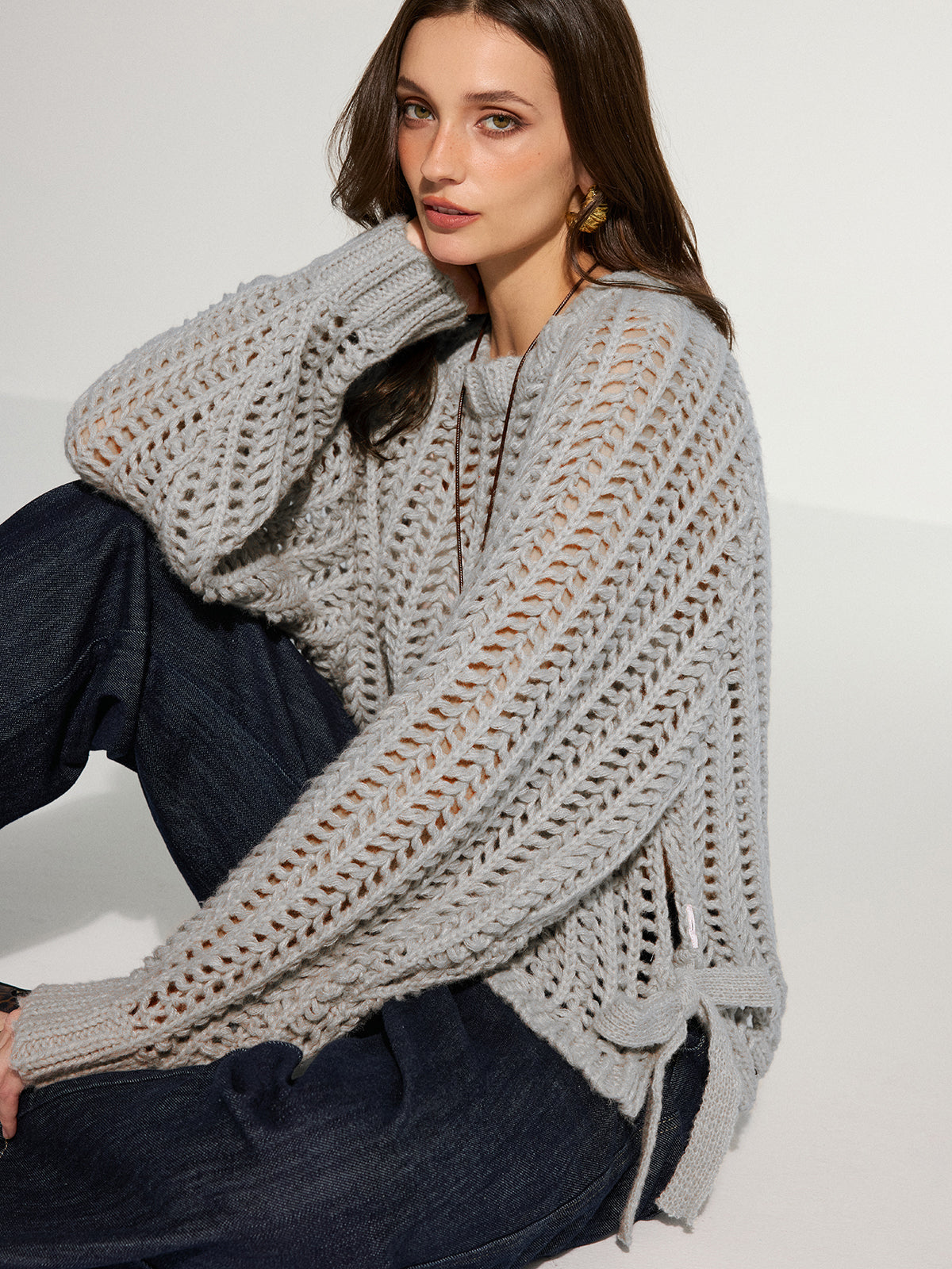 Side Tie Oversized Open-Knit Sweater
