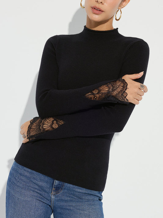 Mock Neck Lace Cuff Knit Top