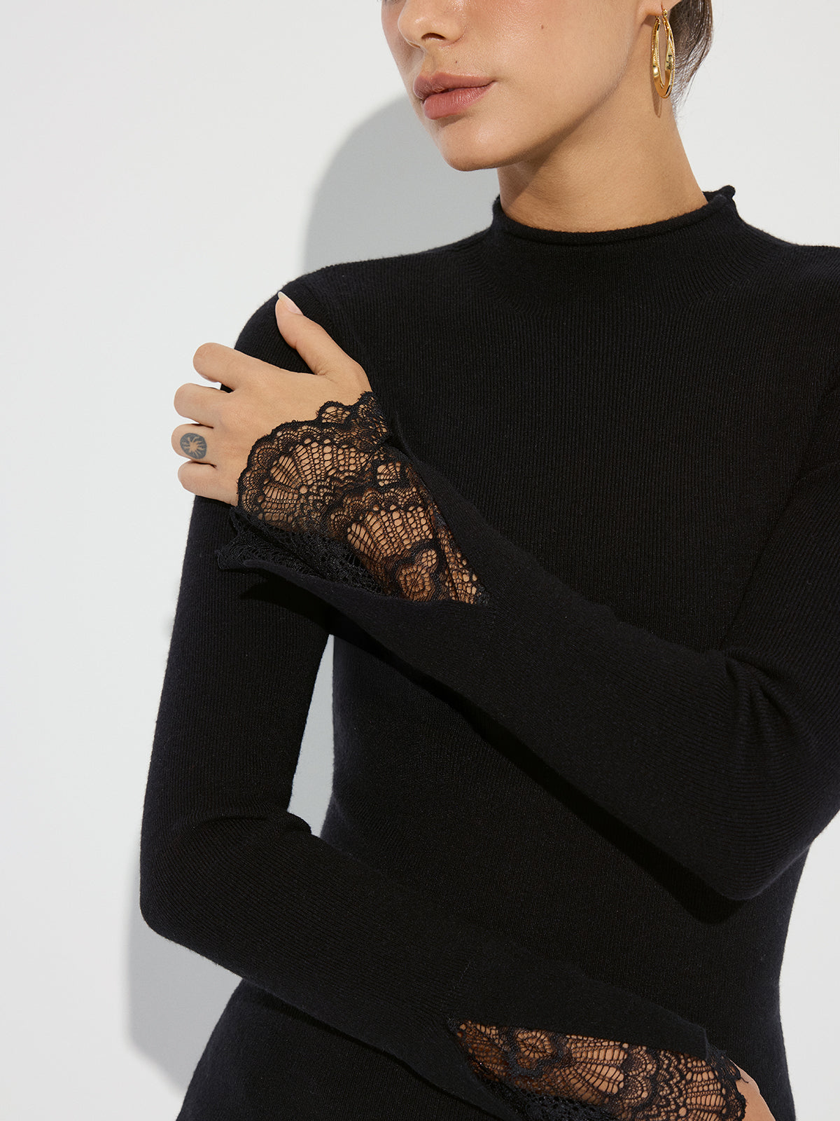Mock Neck Lace Cuff Knit Top