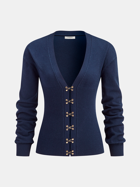 Hook-and-Eye Deep V-Neck Cardigan
