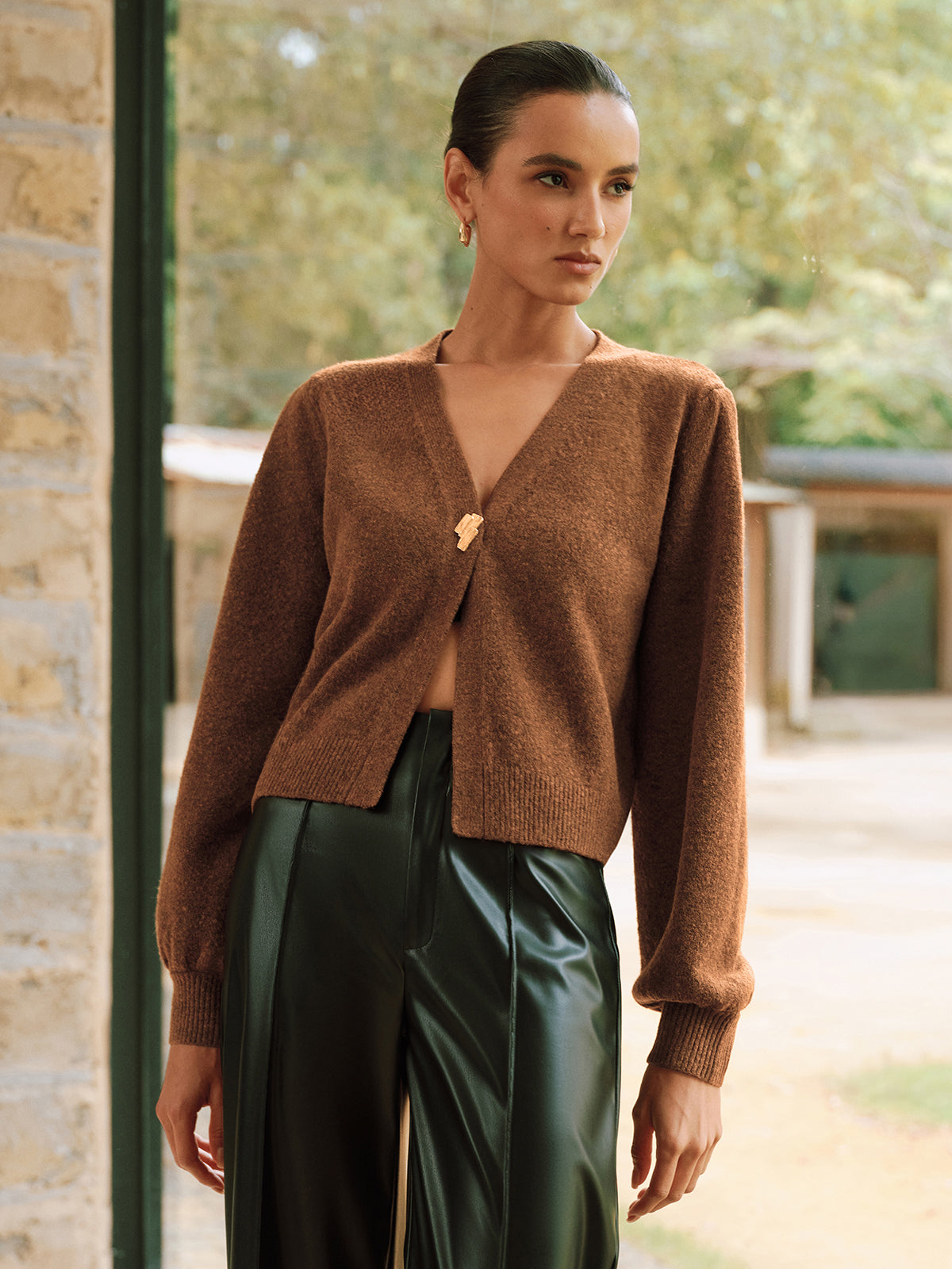 Metal Button V-Neck Knit Cardigan
