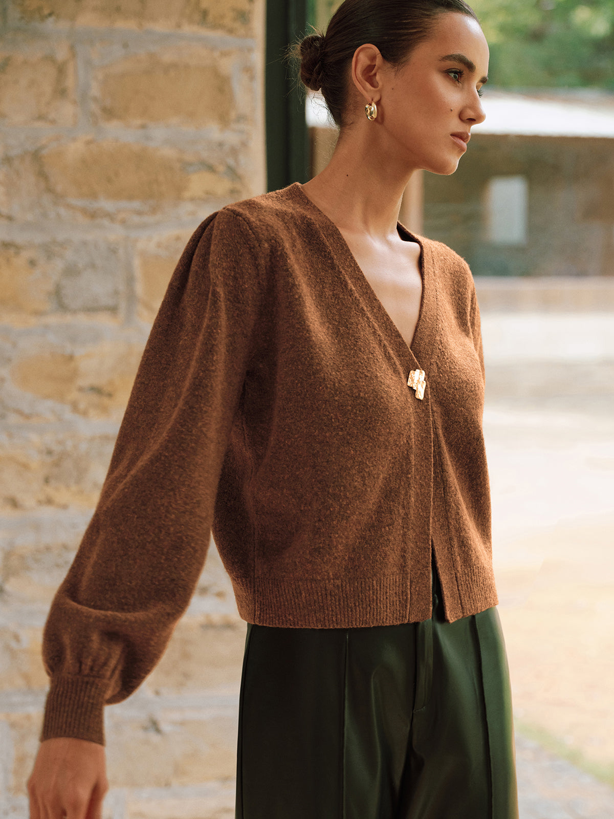 Metal Button V-Neck Knit Cardigan