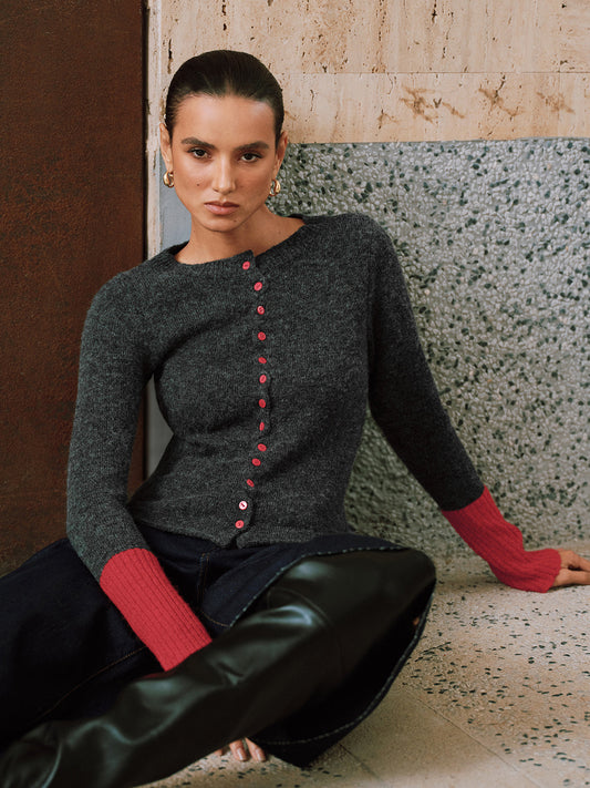 Contrast Cuff Wool-Blend Cardigan