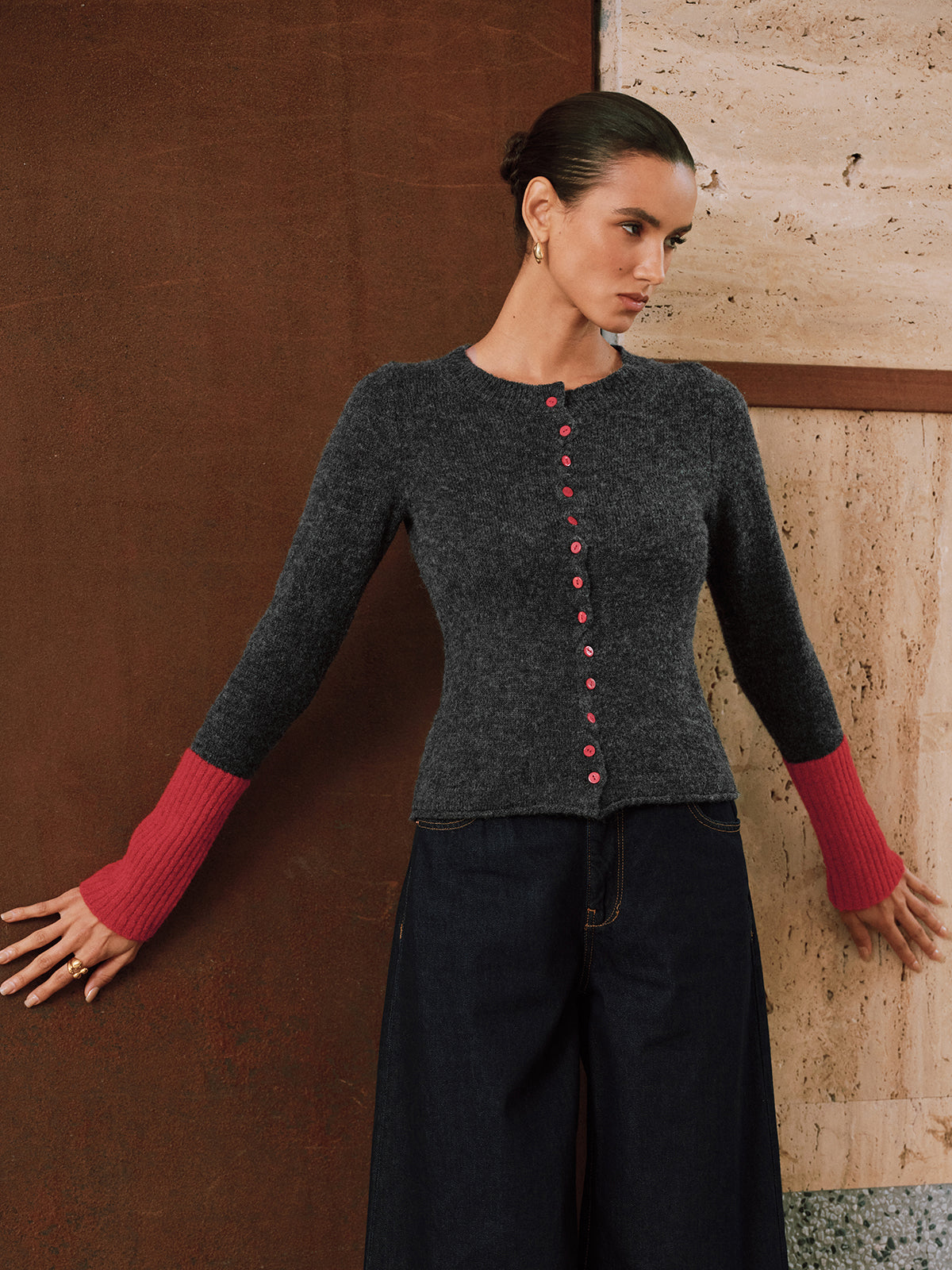 Contrast Cuff Wool-Blend Cardigan