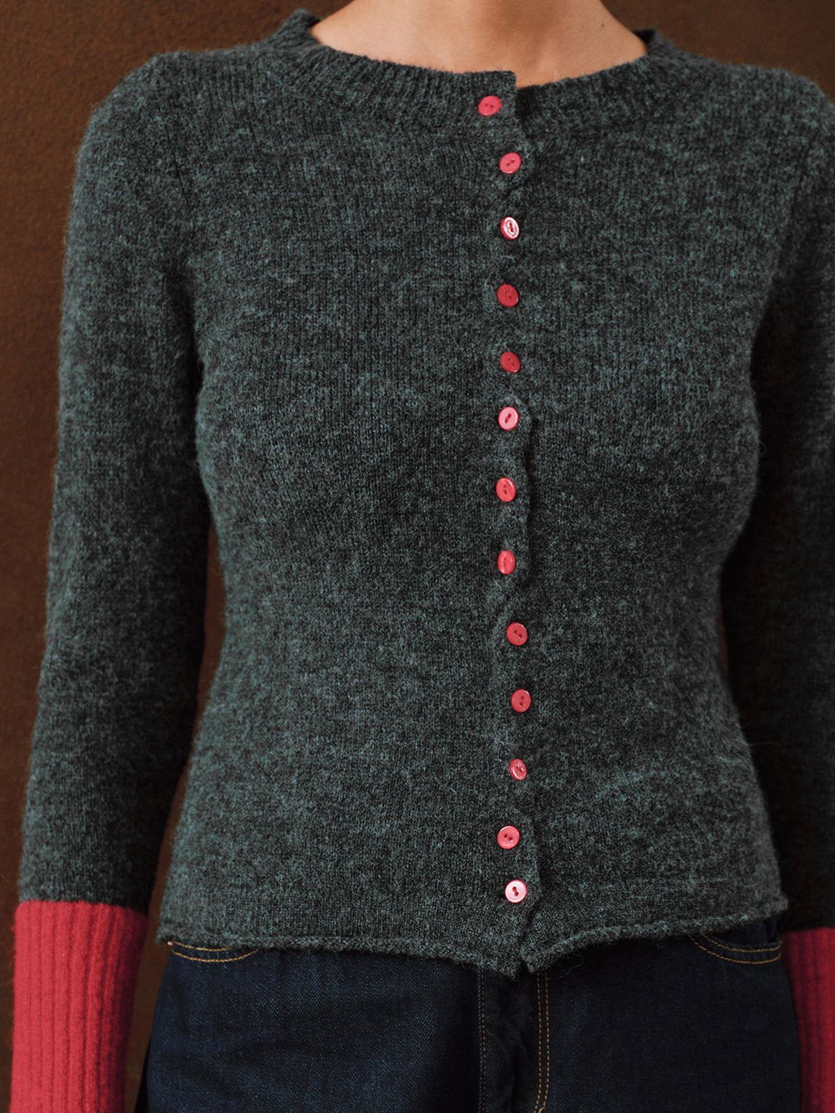 Contrast Cuff Wool-Blend Cardigan
