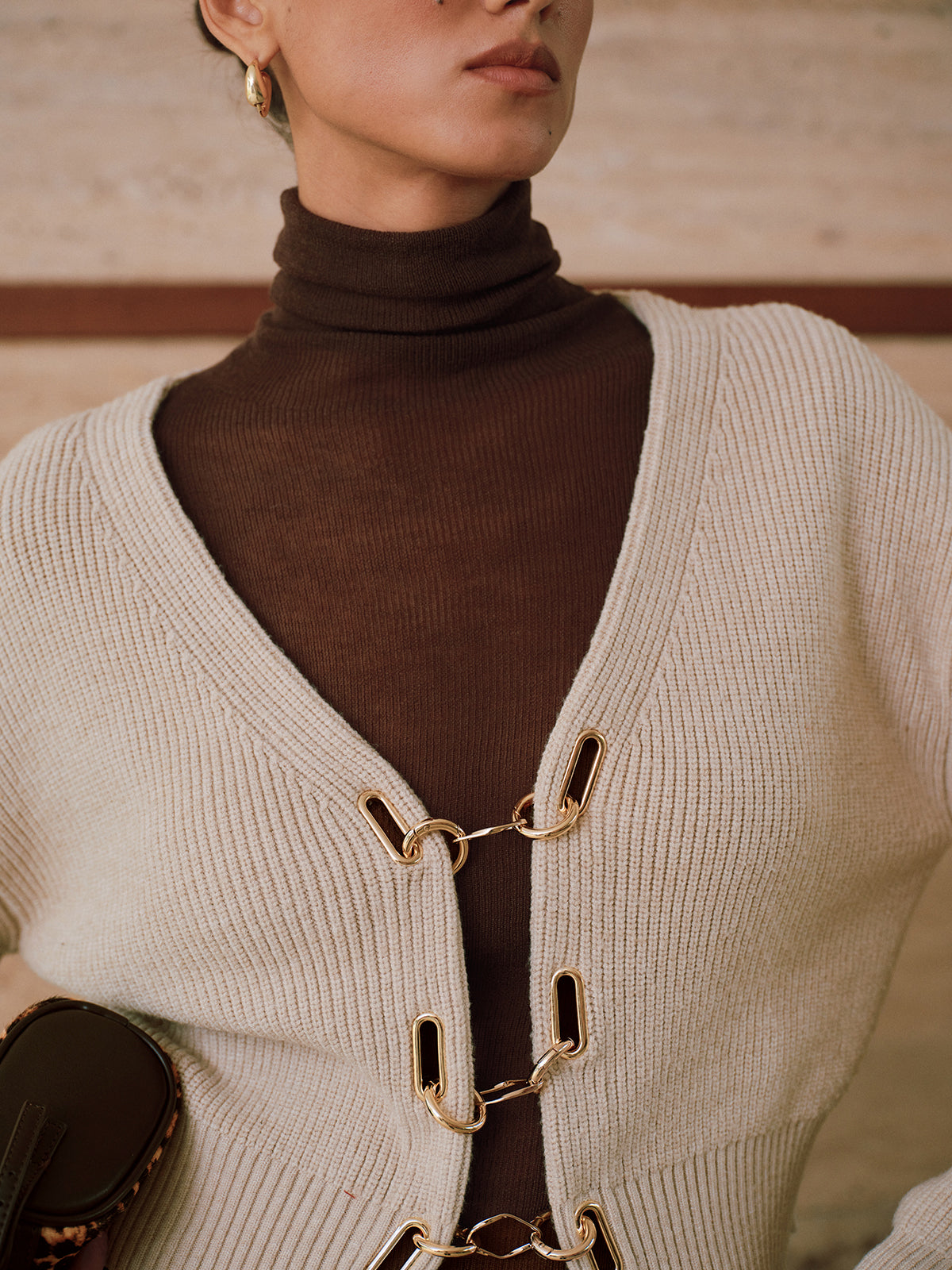 Puff Sleeve Chain Closure Knit Cardigan