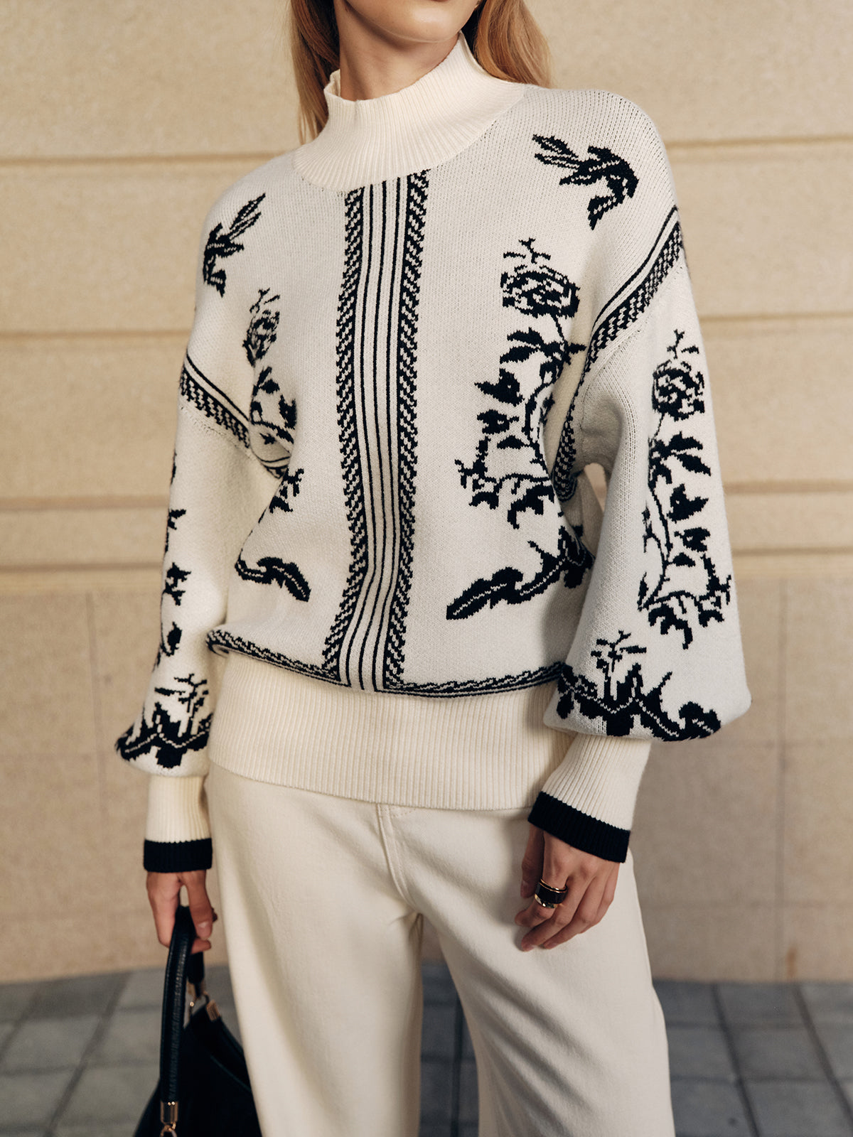 Floral Pattern Mock Neck Balloon Sleeve Sweater
