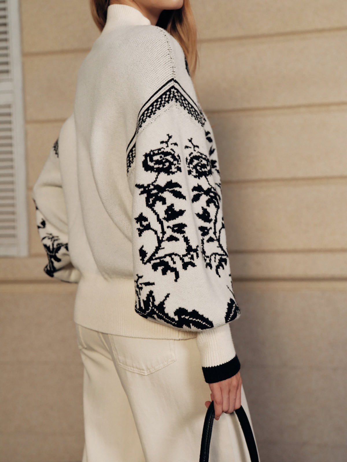 Floral Pattern Mock Neck Balloon Sleeve Sweater