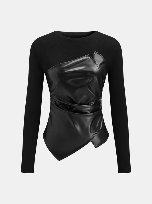 Faux Leather Panel Asymmetric Knit Top