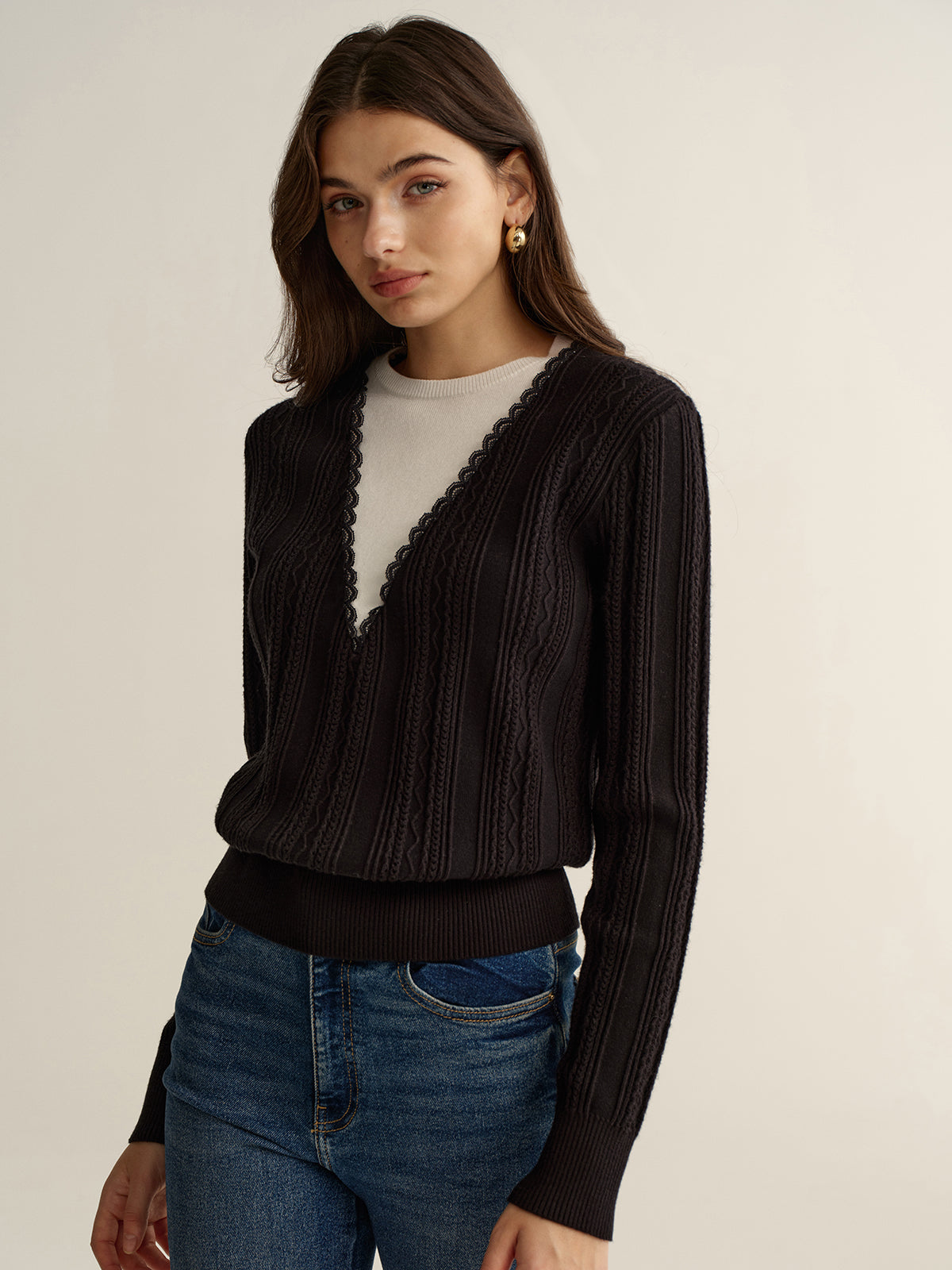 2 in 1 Lace Trim Two-Tone Sweater