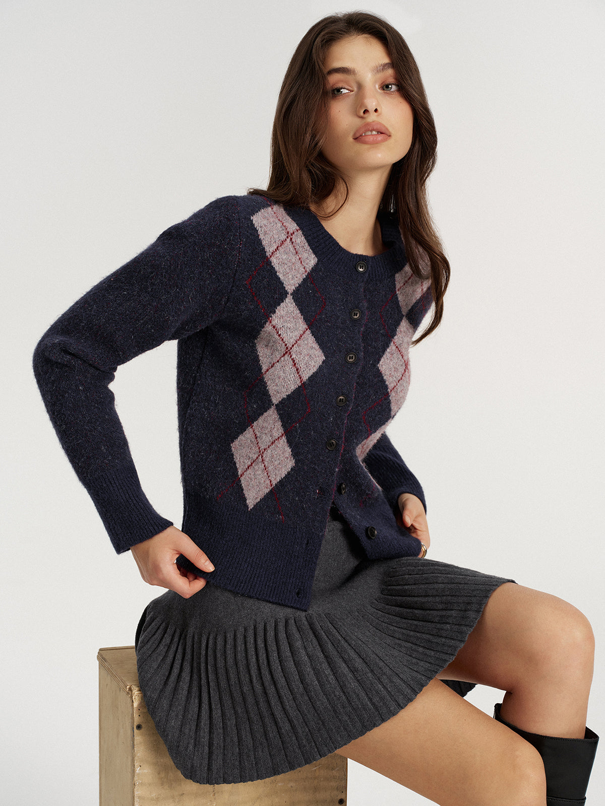Argyle Jacquard Wool Blend Cardigan