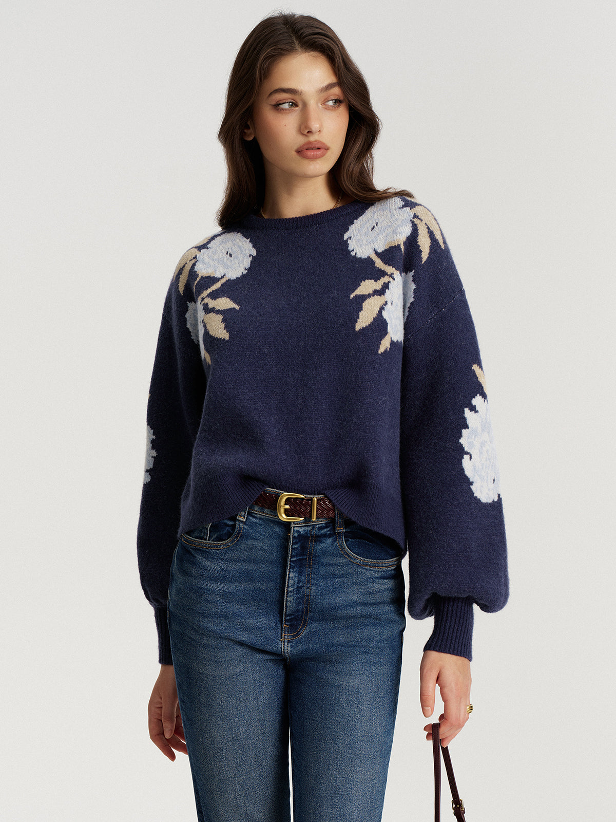 Floral Jacquard Balloon Sleeve Knit Top