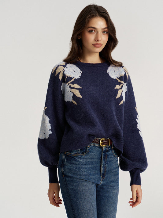 Floral Jacquard Balloon Sleeve Knit Top
