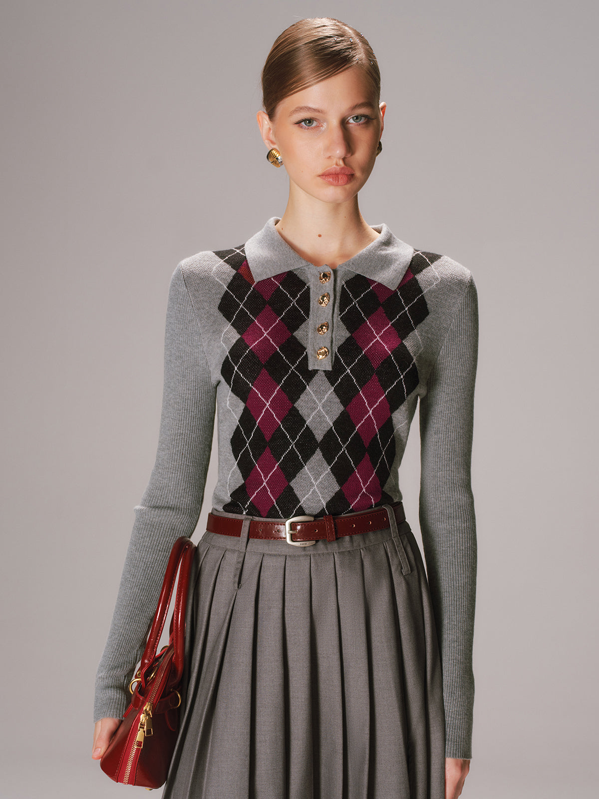 Argyle Wool-Blend Polo Knit Top