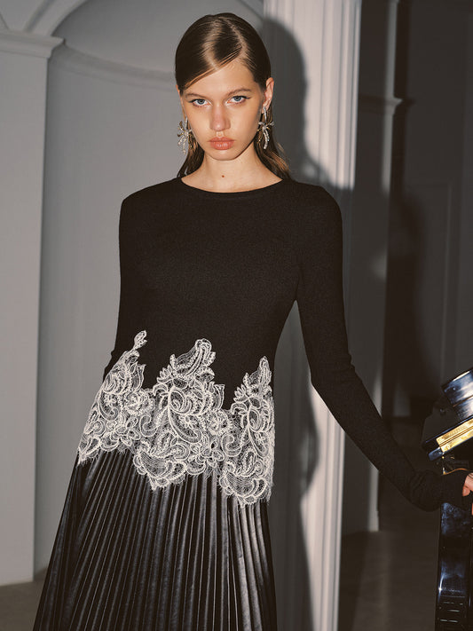 Contrast Lace Hem Knit Top