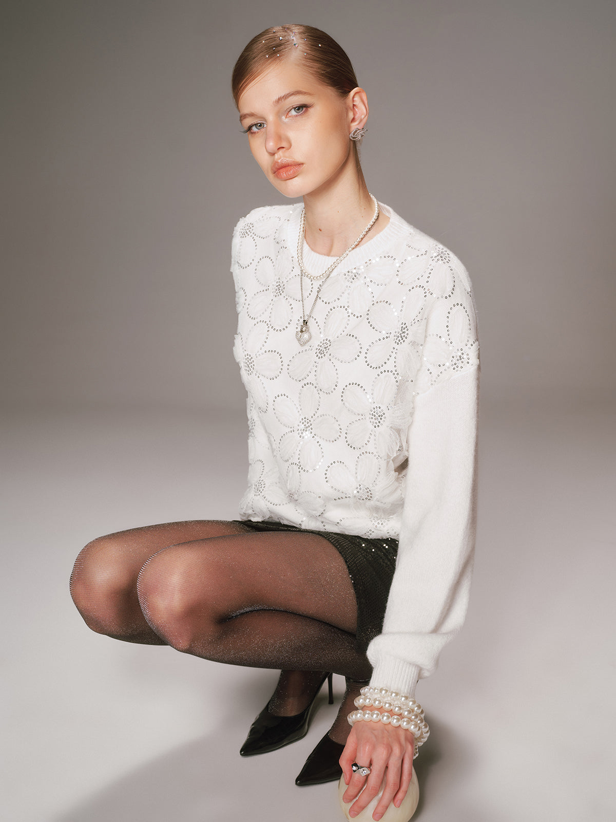 Floral Sequin Mesh Detail Sweater