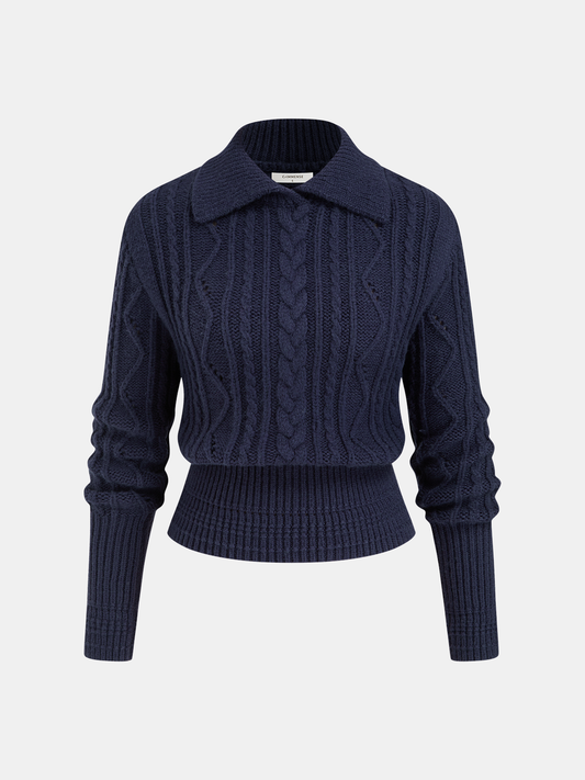 Wool-Blend Cable-Knit Waist-Defined Sweater