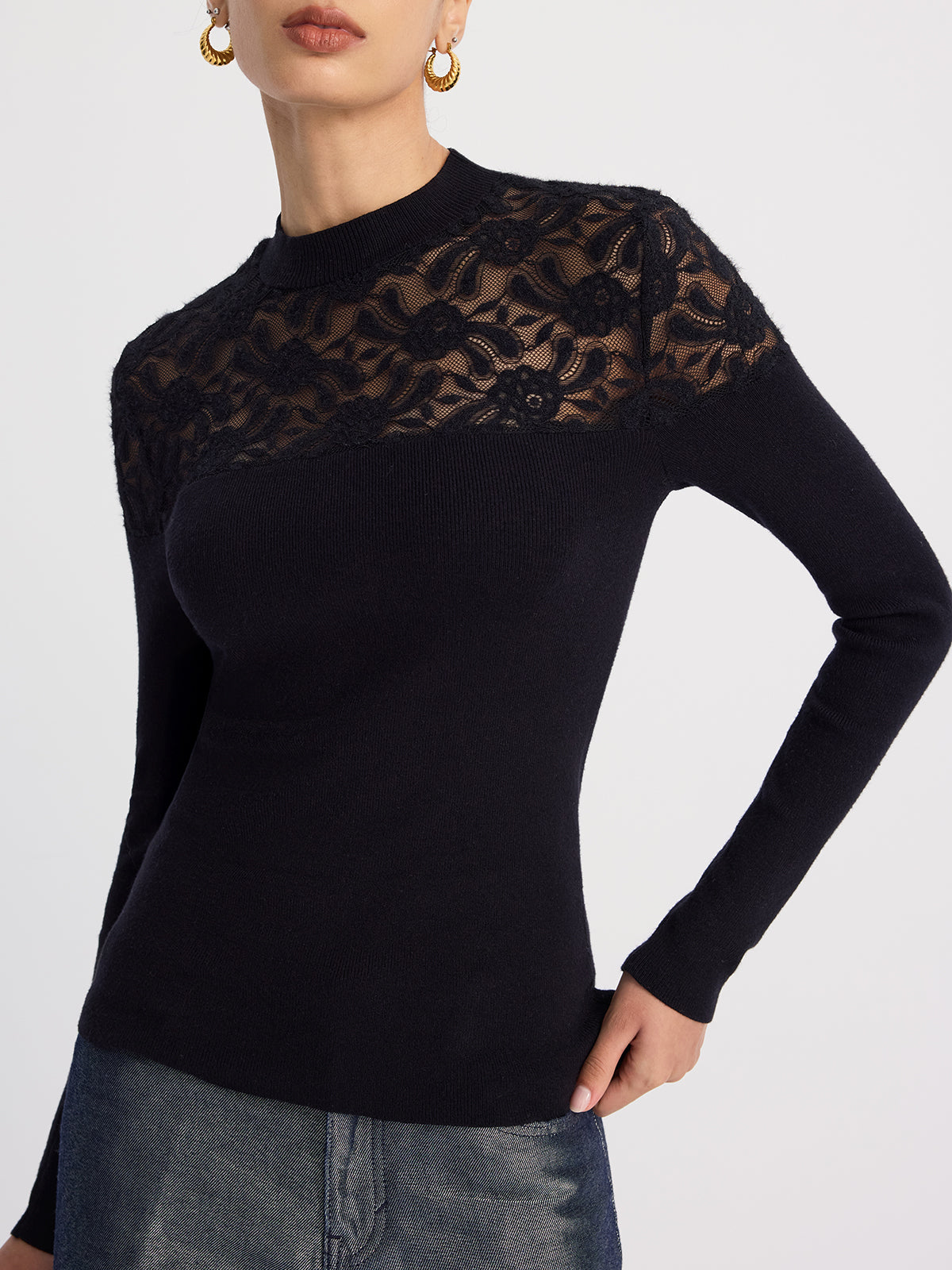 Sheer-Lace Paneled Knit Sweater