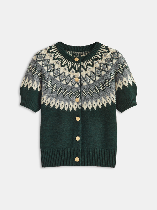 Cashmere-Blend Fair Isle Short-Sleeve Cardigan