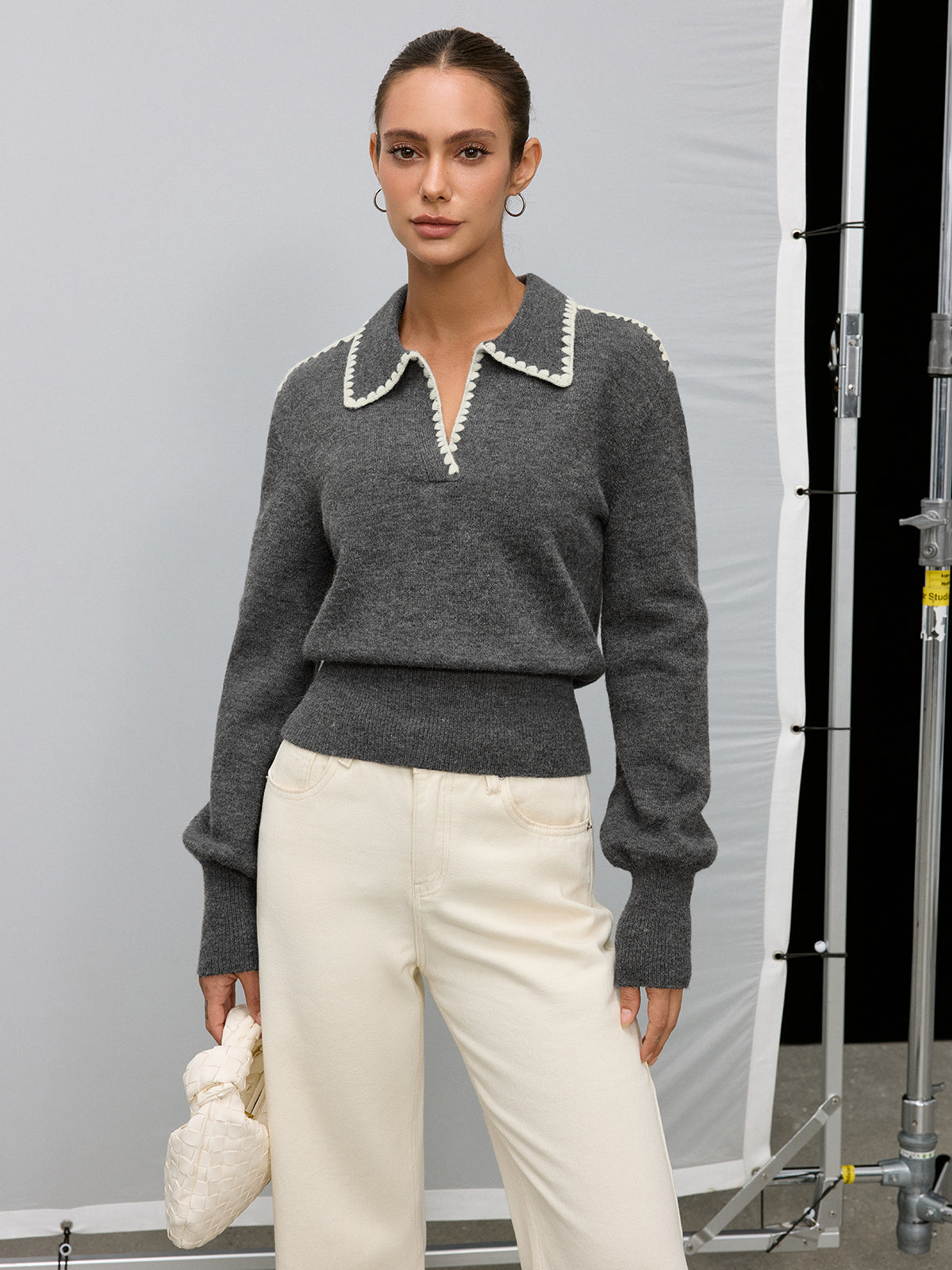 Contrast Embroidered Trim Polo Sweater
