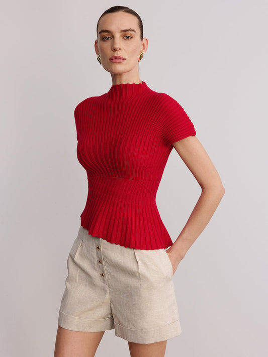 Wool Blend Ribbed Mock Neck Knit Top