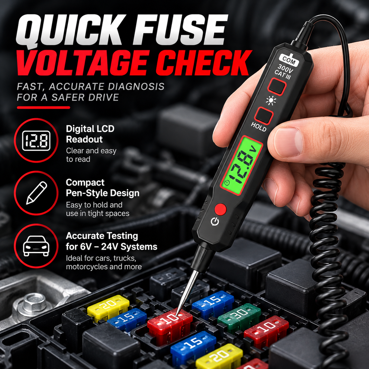 6V–24V Automotive Power Circuit Probe Tester – Digital Voltage Tester with Short Circuit Detection, Polarity & Continuity Testing
