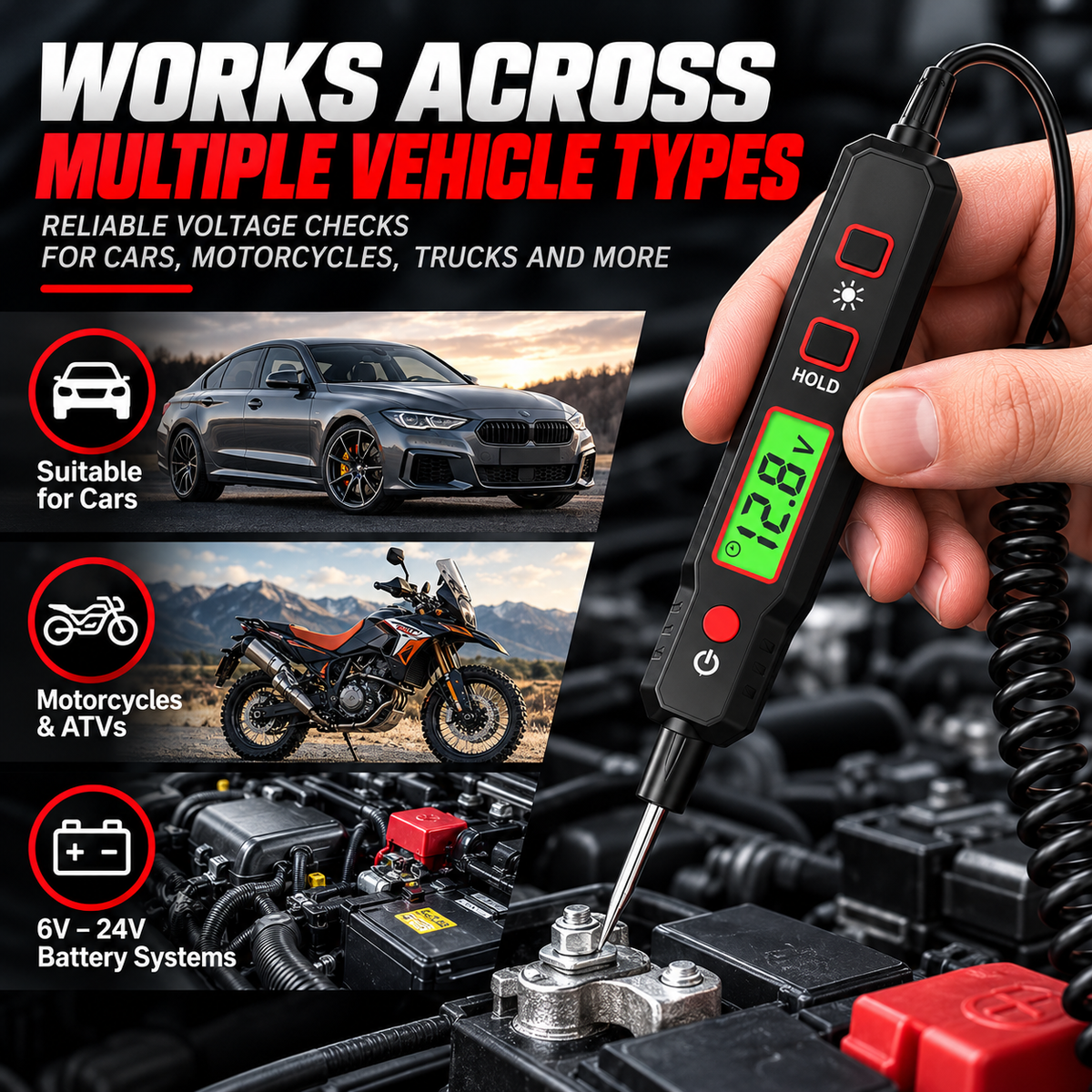 6V–24V Automotive Power Circuit Probe Tester – Digital Voltage Tester with Short Circuit Detection, Polarity & Continuity Testing