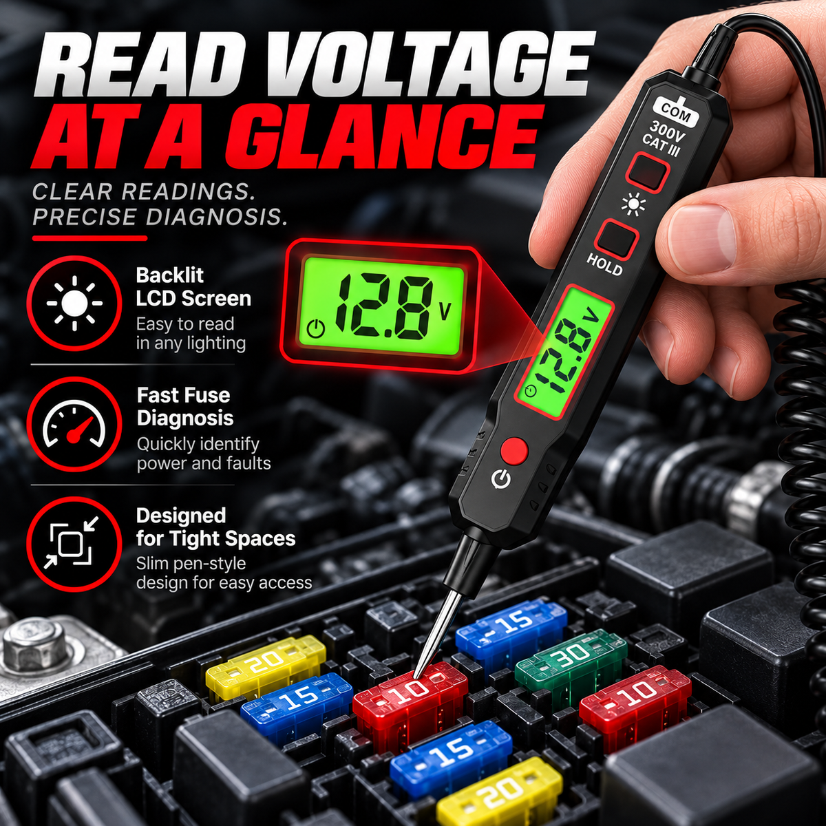6V–24V Automotive Power Circuit Probe Tester – Digital Voltage Tester with Short Circuit Detection, Polarity & Continuity Testing