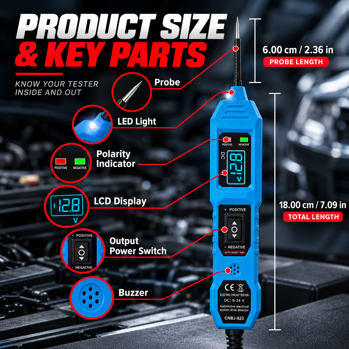 6V–24V Automotive Power Circuit Probe Tester – Digital Voltage Tester with Short Circuit Detection, Polarity & Continuity Testing