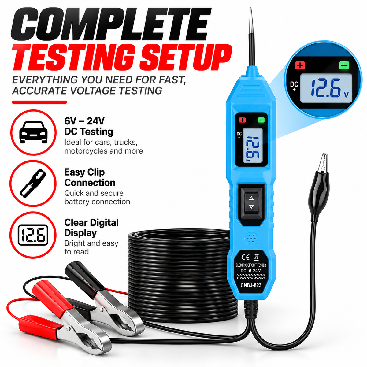 6V–24V Automotive Power Circuit Probe Tester – Digital Voltage Tester with Short Circuit Detection, Polarity & Continuity Testing