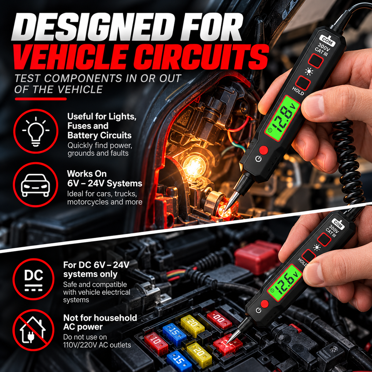 6V–24V Automotive Power Circuit Probe Tester – Digital Voltage Tester with Short Circuit Detection, Polarity & Continuity Testing