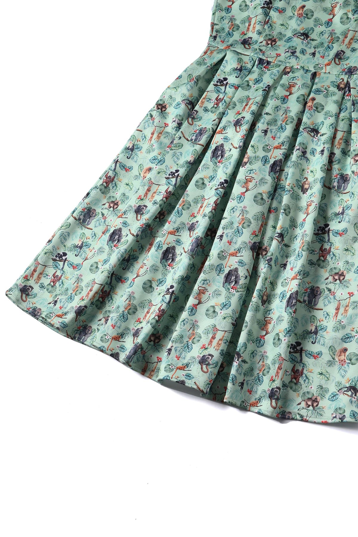 Amanda Light Green Pleated Dress in Monkey Print