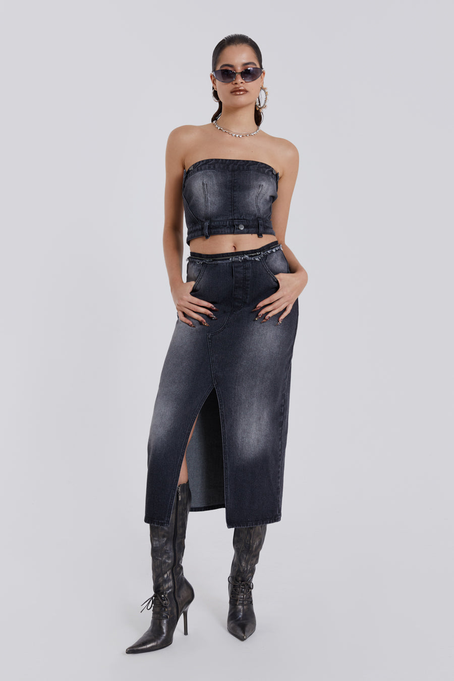 Liberty 2 In 1 Detachable Denim Black Midi Dress