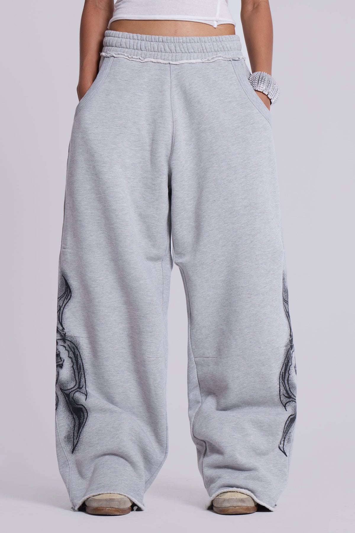 Grey Marl Gothic Print Baggy Monster Joggers