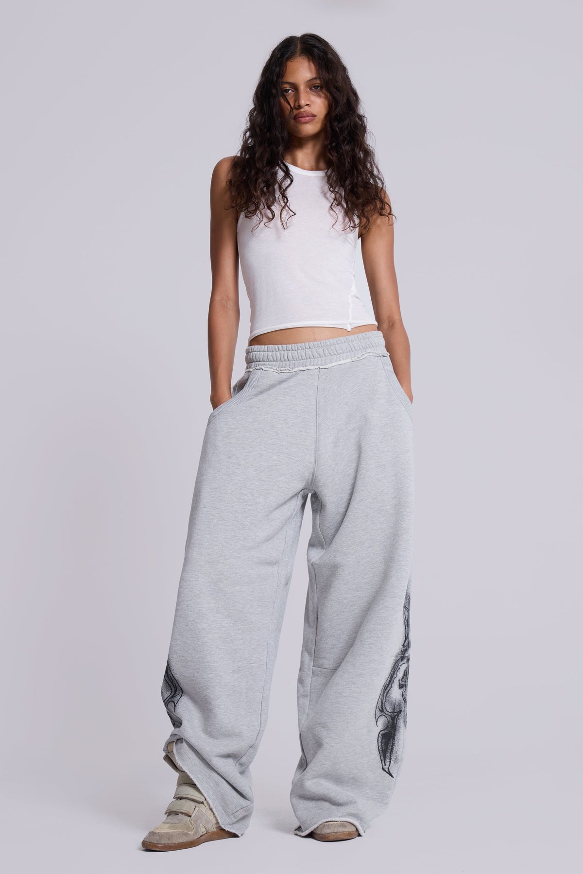 Grey Marl Gothic Print Baggy Monster Joggers
