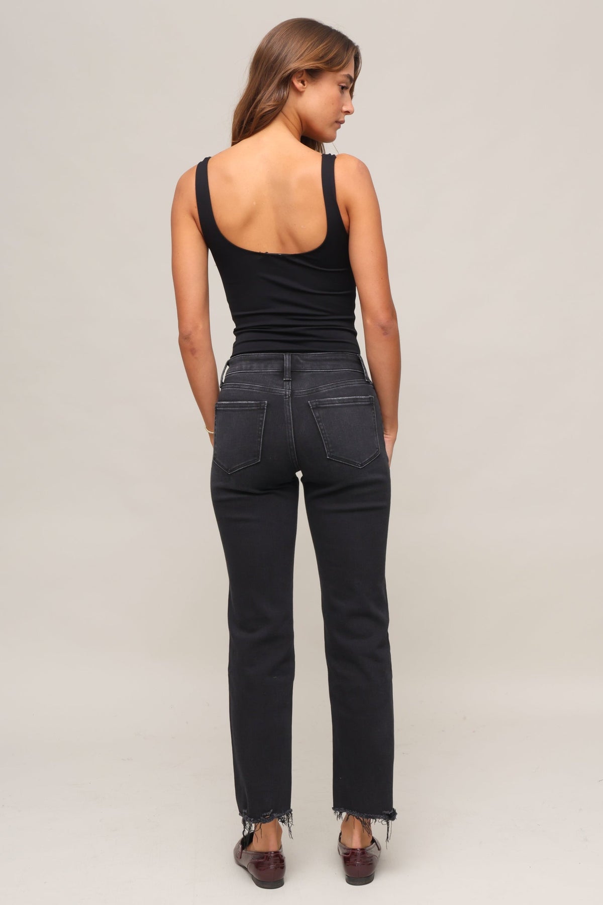 Mid Rise Raw Hem Ankle Straight