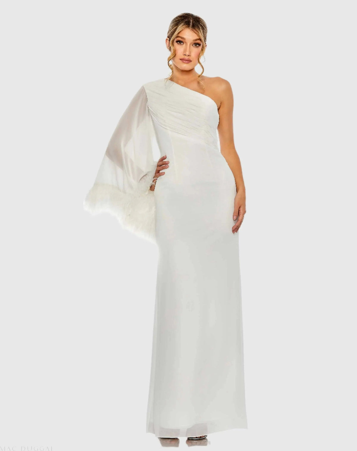 Feather Cuff One Shoulder Ruched Gown